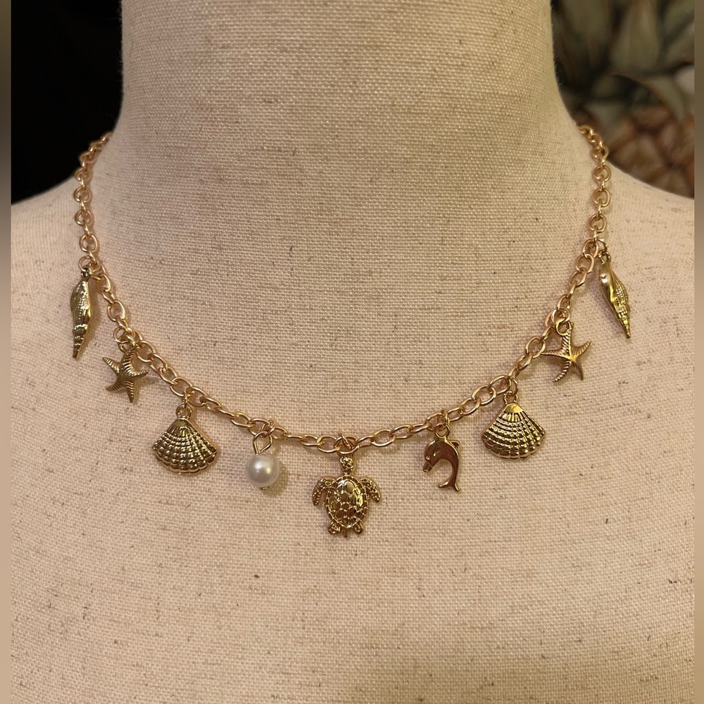 Gold Sea Life Charm Necklace with Pearl Accent NWOT